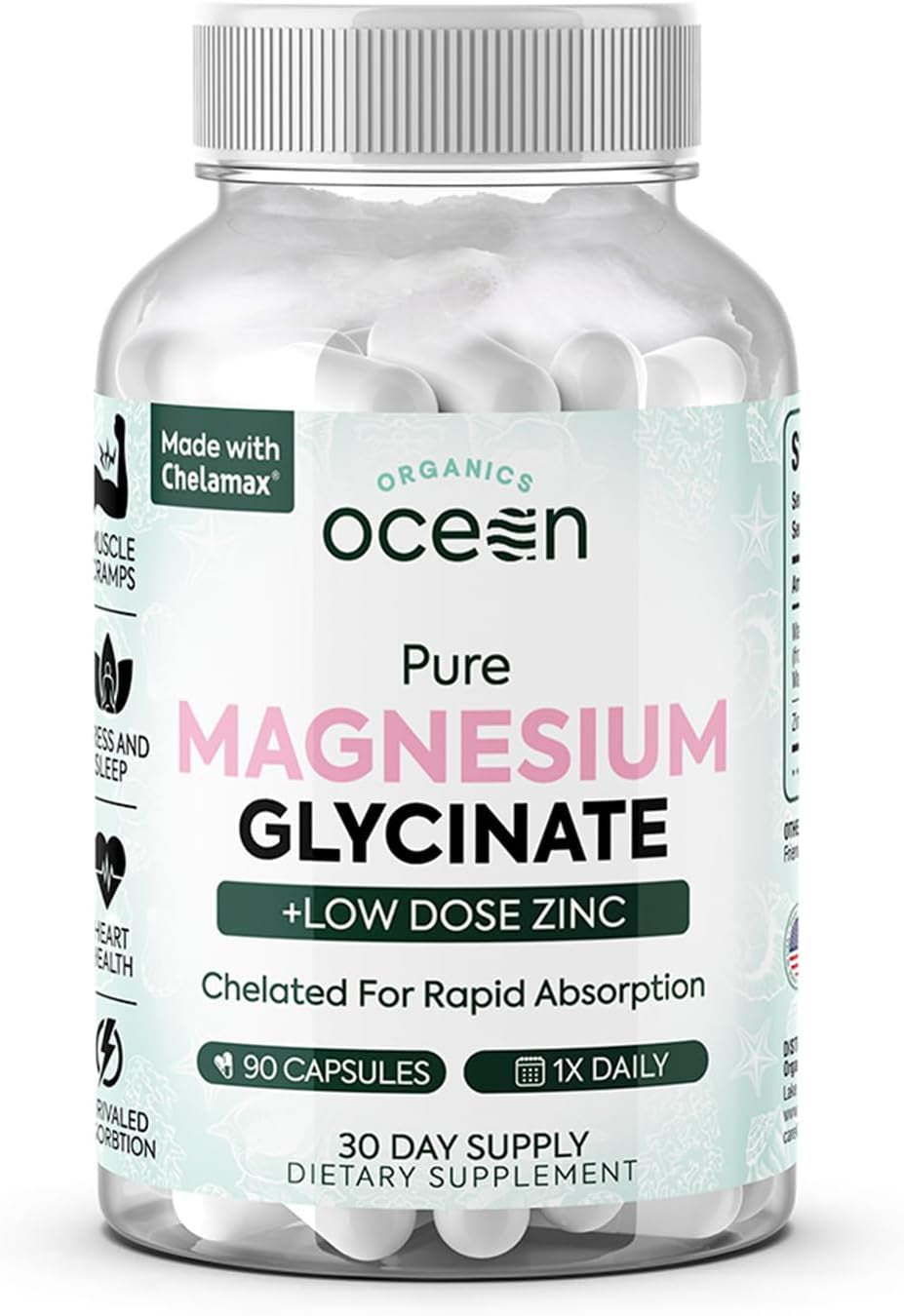 Pure Magnesium Glycinate with Zinc - Maximum Strength Chelated Magnesium Supplement for Women and Men for Muscle Cramps and Sleep Support - 90 Capsule