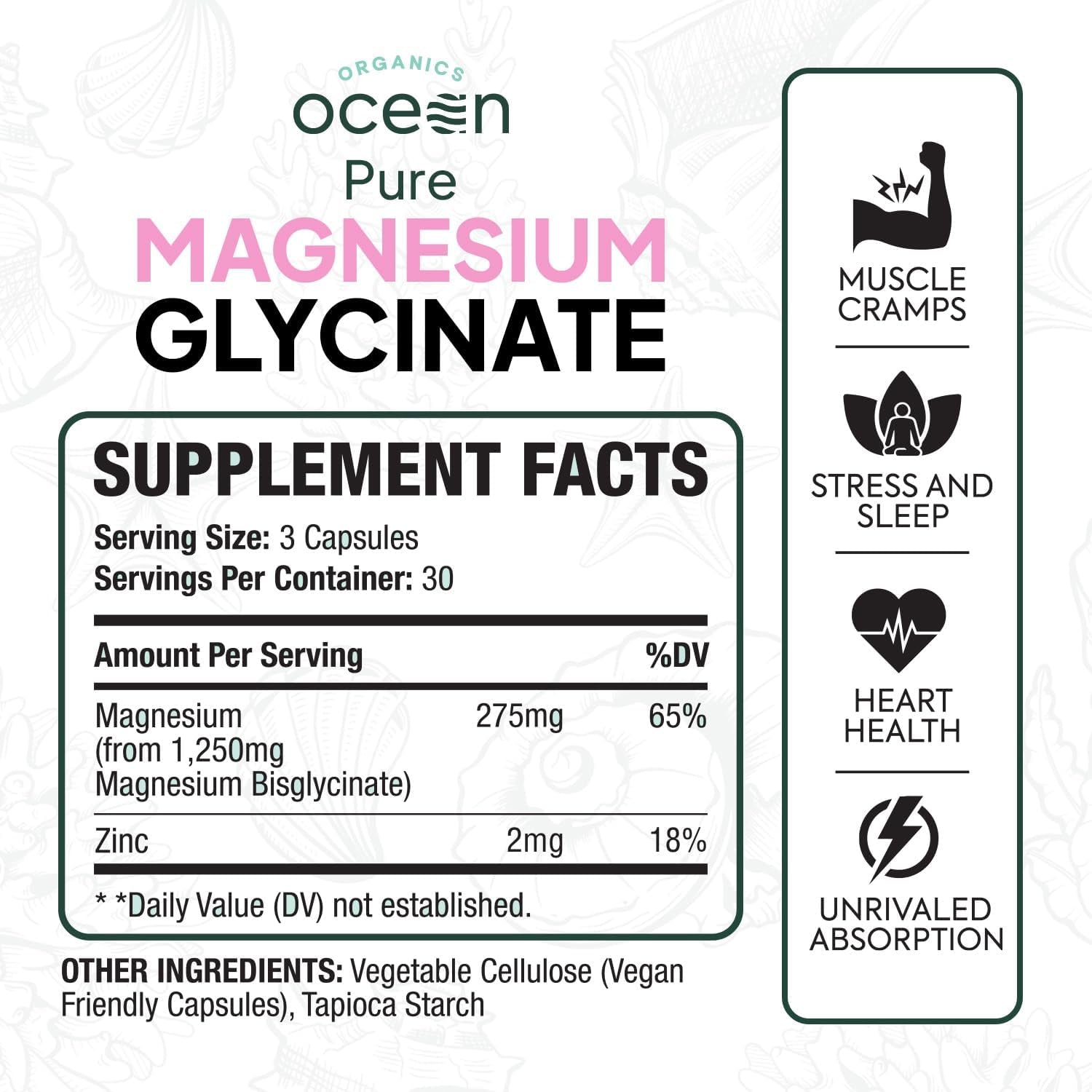Pure Magnesium Glycinate with Zinc - Maximum Strength Chelated Magnesium Supplement for Women and Men for Muscle Cramps and Sleep Support - 90 Capsule